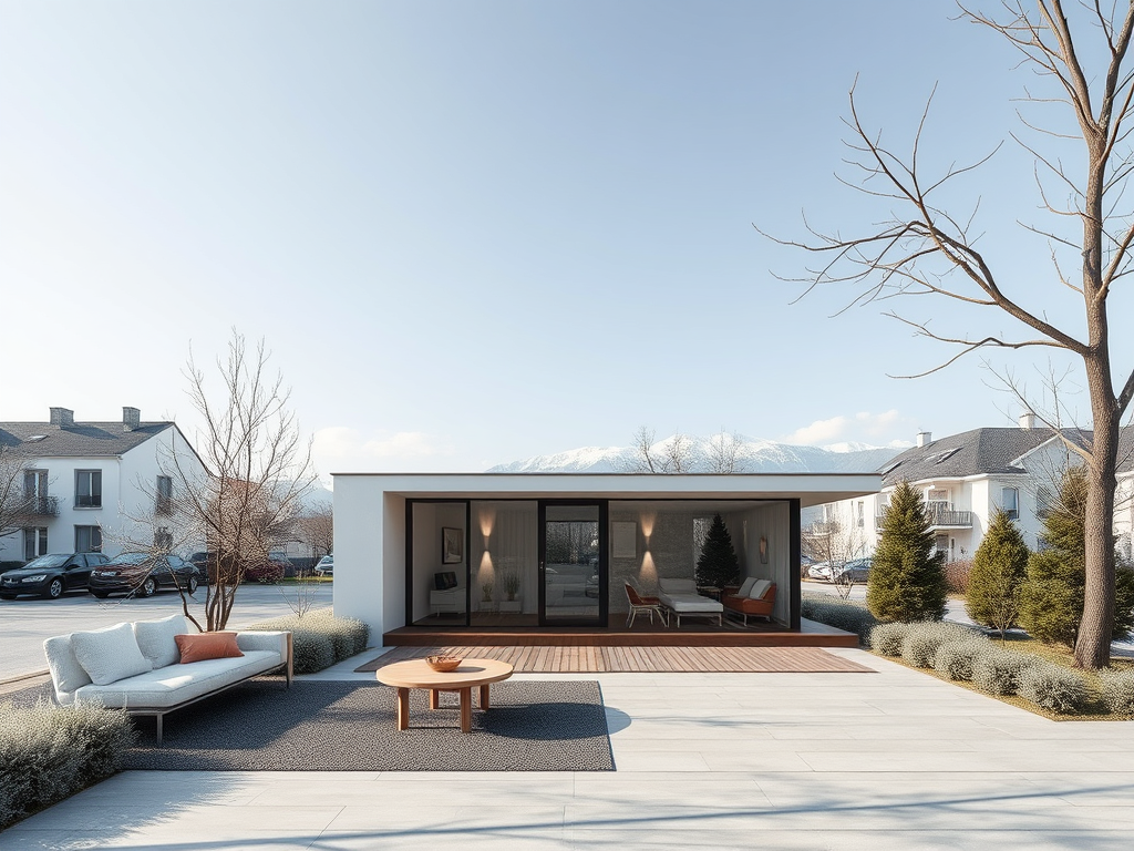 Современный дом с стеклянным фасадом и уютной outdoor зоной. На переднем плане - мебель и зеленые растения.