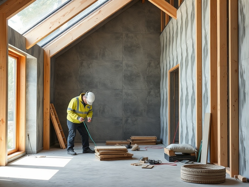 Строитель в желтой куртке размечает пол нового дома с большими окнами и деревянными стенами.