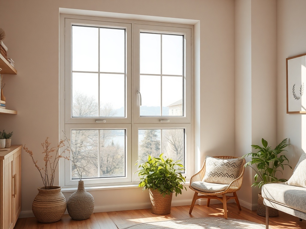 Светлая комната с двумя окнами, растениями и уютной мебелью, создающая атмосферу уюта и тепла.