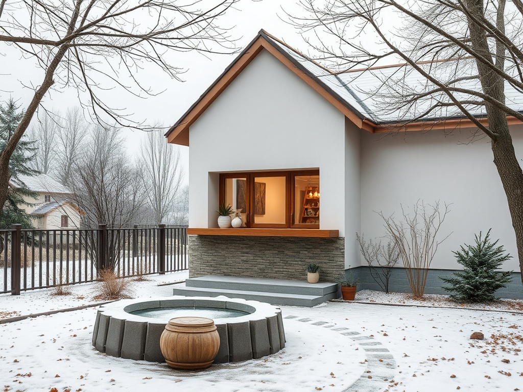 Современный дом с просторным окном и стилизованным двором, покрытым снегом и засохшими листьями.