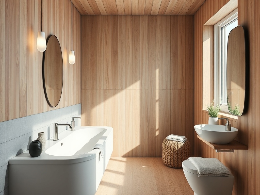 Светлое современное ванной с деревянными стенами, круглым зеркалом и уютными аксессуарами.