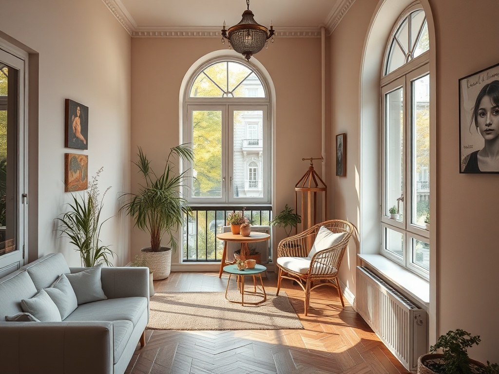 Светлая гостиная с большими окнами, растениями, уютной мебелью и картинами на стенах. Теплая атмосфера.