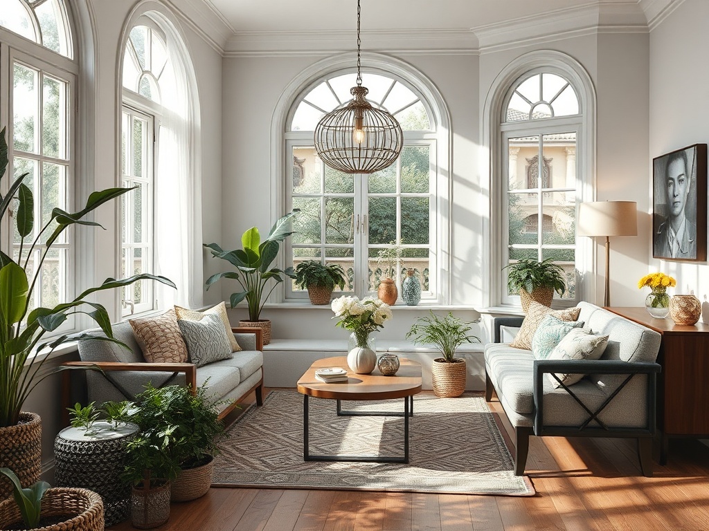 Светлая гостиная с большими окнами, зелёными растениями и уютной мебелью. Стильный интерьер с акцентами.