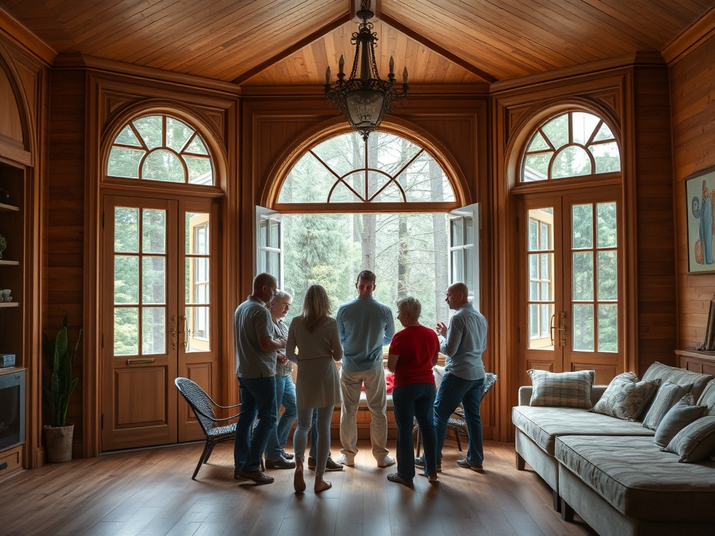 Внутри просторного деревянного помещения люди общаются у открытых окон с видом на природу.