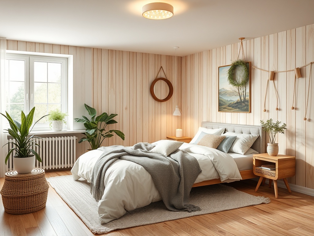 Уютная спальня с деревянными стенами, кроватью и зелеными растениями, освещенная мягким светом.