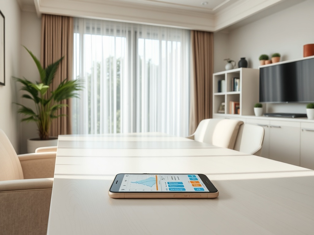 На столе в современном офисе лежит телефон с графиками и аналитикой. Панорамные окна освещают пространство.