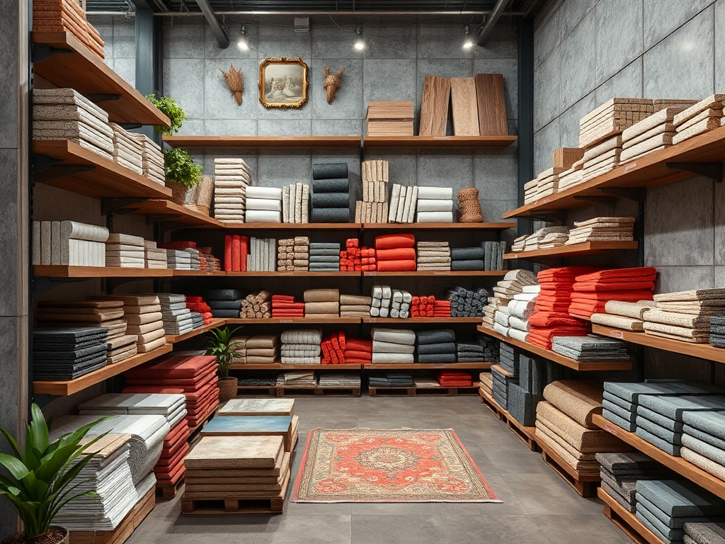 Магазин с полками, заполненными полотенцами разных цветов, и небольшим растением на нижней полке.