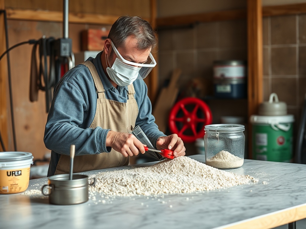 Мужчина в маске измеряет крупу на столе, вокруг – контейнеры с продуктами и инструменты.