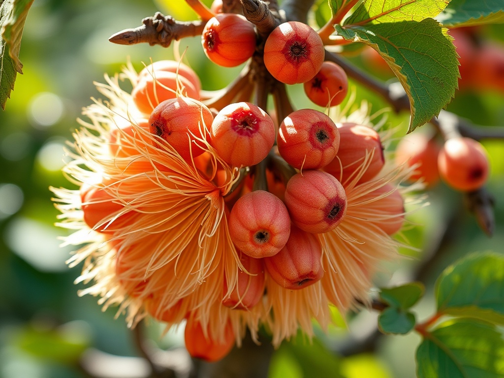 Цветы и плоды растения с яркими оранжевыми и красными оттенками на фоне зелёных листьев.