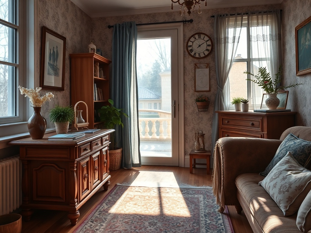 Уютная комната с деревянной мебелью, мягким диваном и окнами, пропускающими солнечный свет.