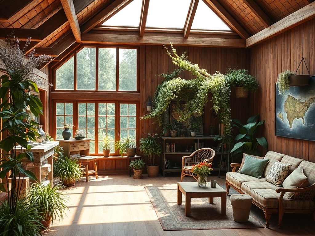 Уютная комната с большими окнами, теплыми древесными стенами и зелеными растениями. Комфортная мебель.