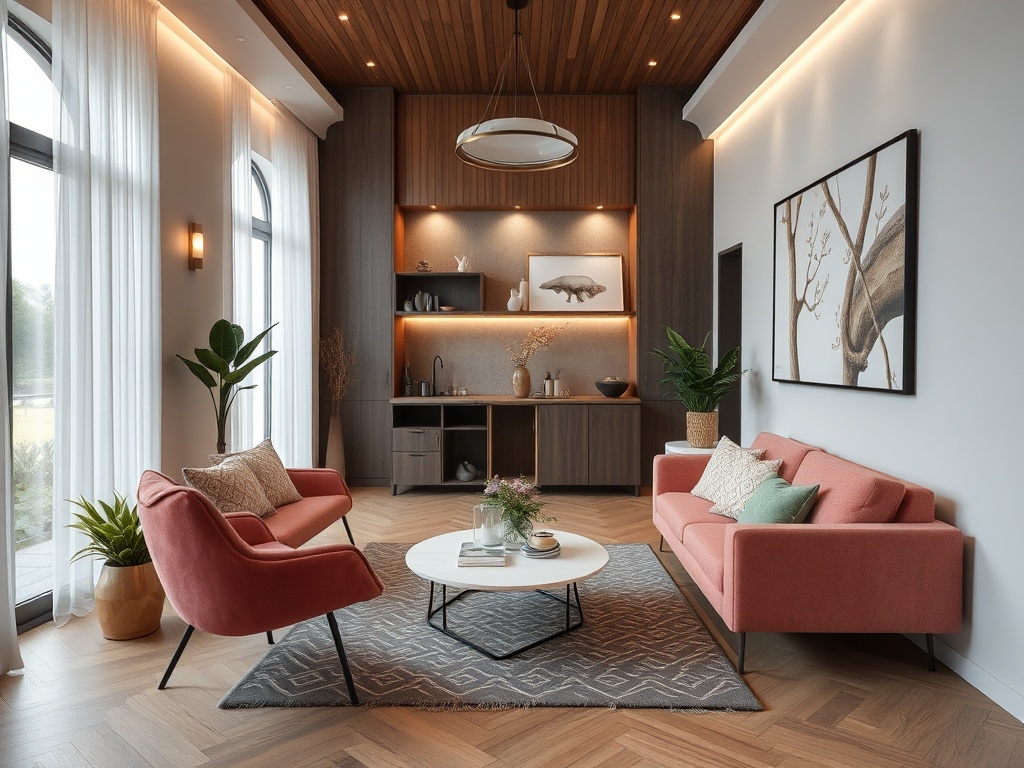 Современный интерьер с двумя диванами, круглым столом и уютными растениями, освещенный естественным светом.