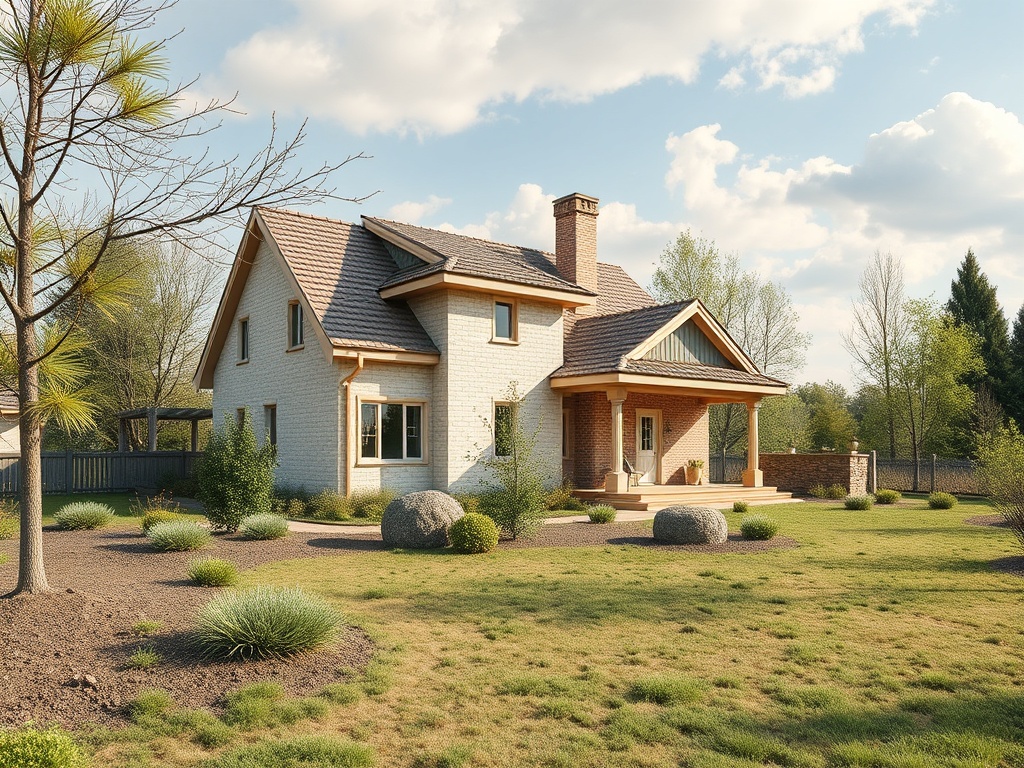 Деревянный дом с красивым садом и зелеными насаждениями на фоне ясного неба. Спокойное загородное убранство.