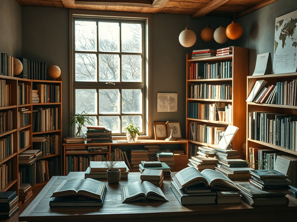 Уютная комната с полками, полными книг, и большим окном, через которое проникает солнечный свет.