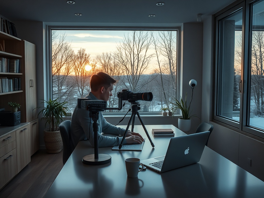 Человек за ноутбуком снимает закат на камеру в уютном офисе с большими окнами.