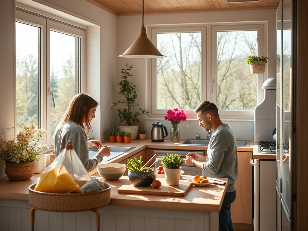 На кухне готовят еду пара. На столе свежие овощи и фрукты, светло, идет утренний свет.