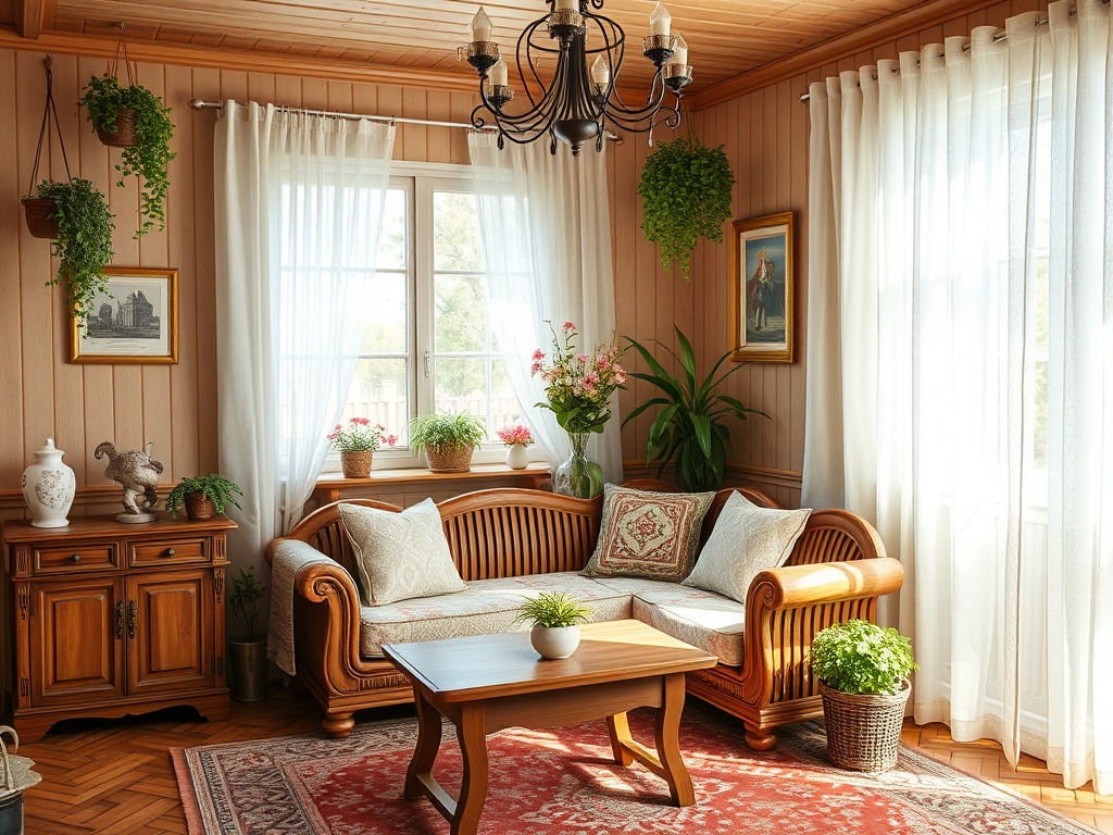 Светлая гостиная с деревянной мебелью, зелеными растениями и уютной атмосферой. Нежные занавеси на окнах.