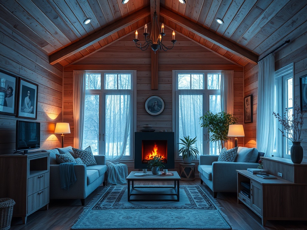 Уютная комната с деревянными стенами, окнами и камином, создающая теплую атмосферу зимнего вечера.