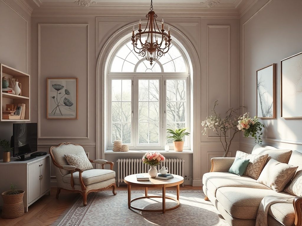 Уютная гостиная с большими окнами, стильной мебелью и растениями на столе, создающая атмосферу домашнего уюта.