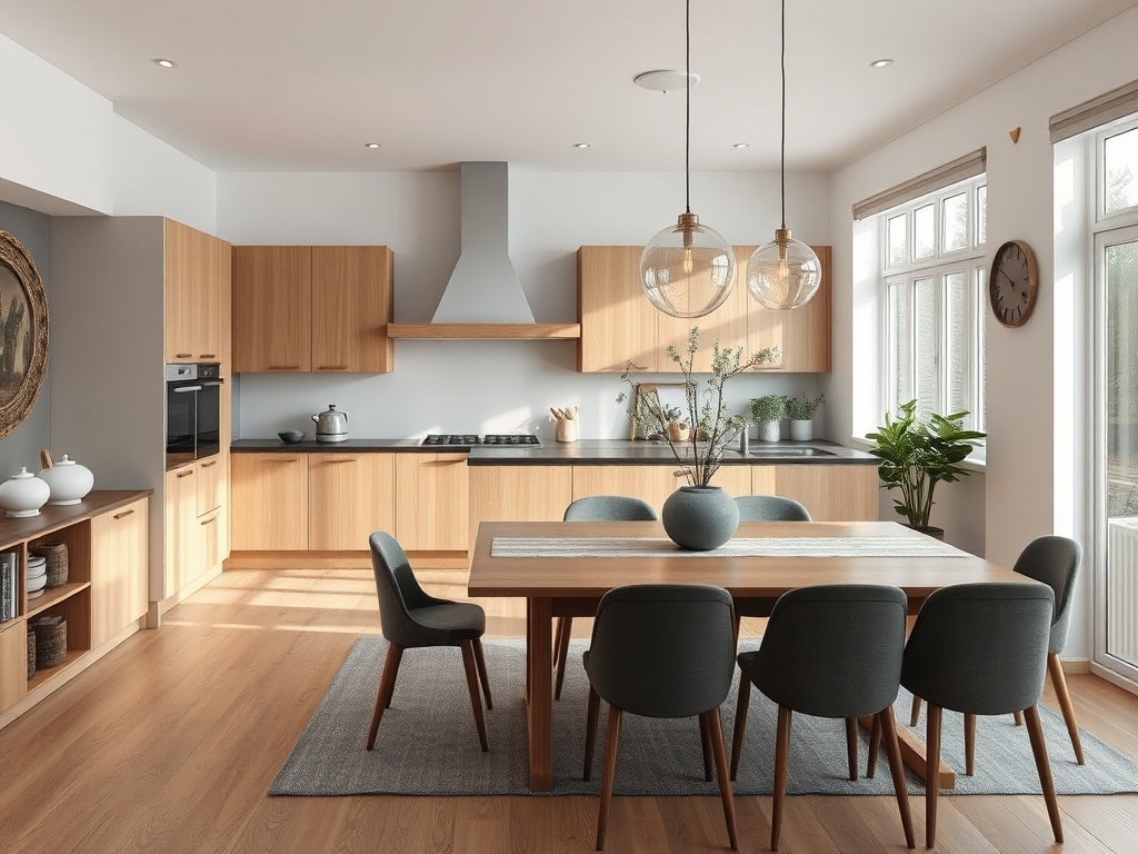 Современная кухня-столовая с деревянными шкафами, обеденным столом и стильными стульями. Натуральное освещение.