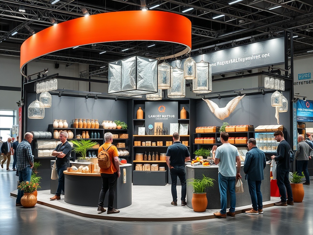 Стенд с товарами, участники обсуждают выставленные изделия и наслаждаются атмосферой.