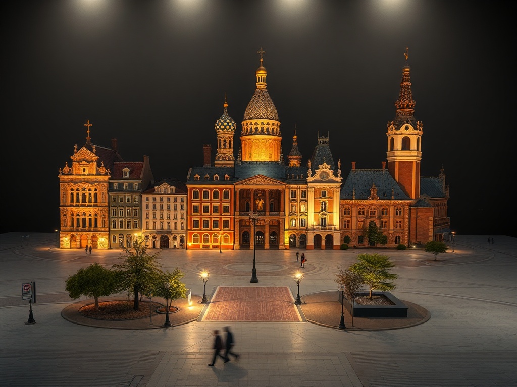 Изображение ночного города с ярко освещённой архитектурой и пешеходами на пустой площади.