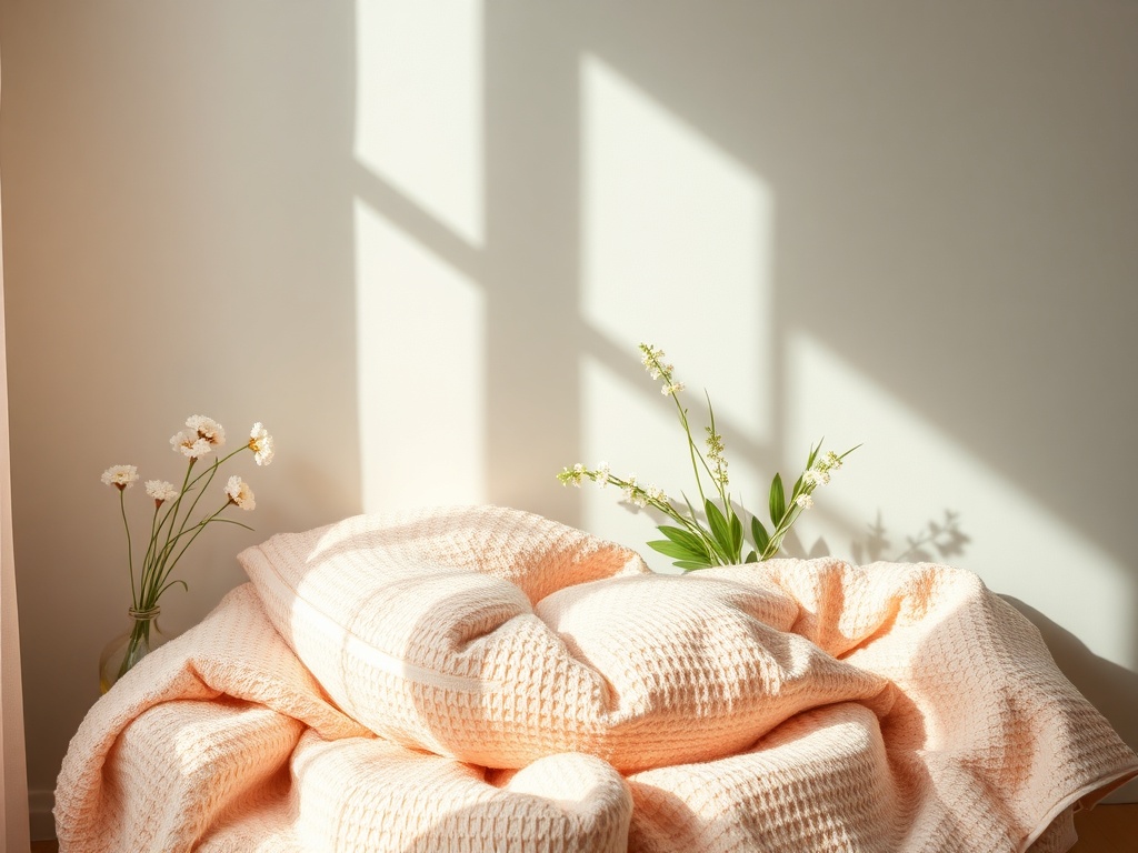 Мягкое одеяло нежного цвета на фоне светлой стены, рядом цветы в вазах и солнечные тени.