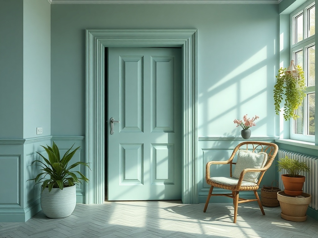 Уютный уголок с зелеными стенами, креслом и растениями, освещенный солнечными лучами.