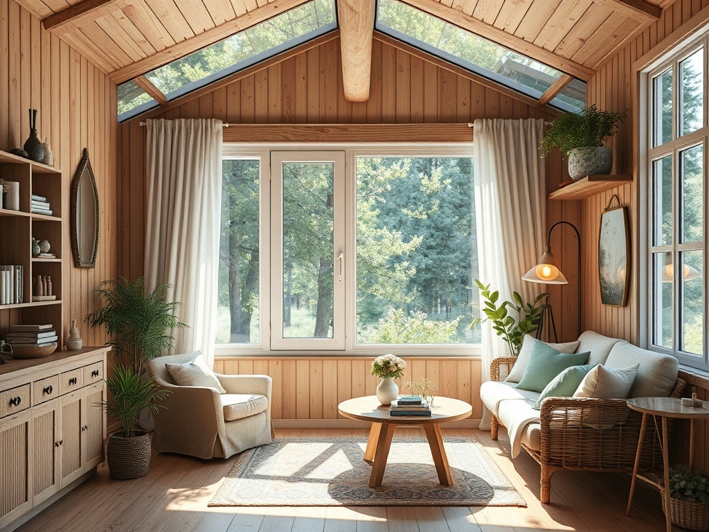 Светлая гостиная с деревяными стенами, большим окном и уютной мебелью, наполненная зеленью и светом.