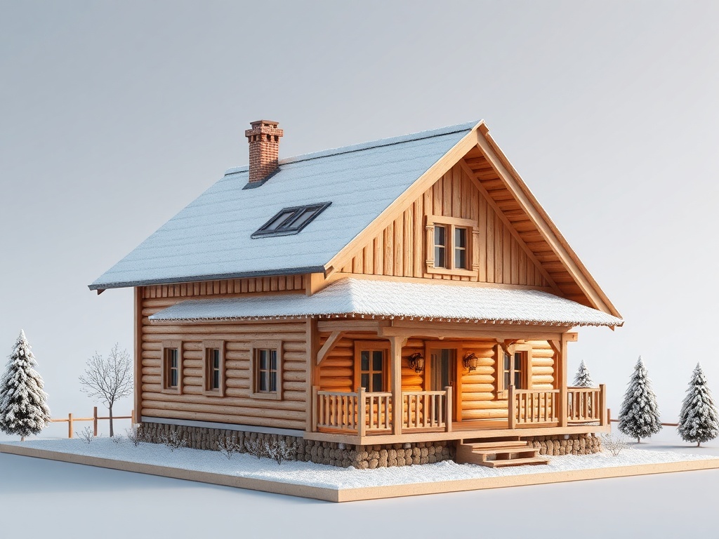 Деревянный дом с мансардной крышей, окружённый снегом и зимними деревьями. Красивый зимний пейзаж.