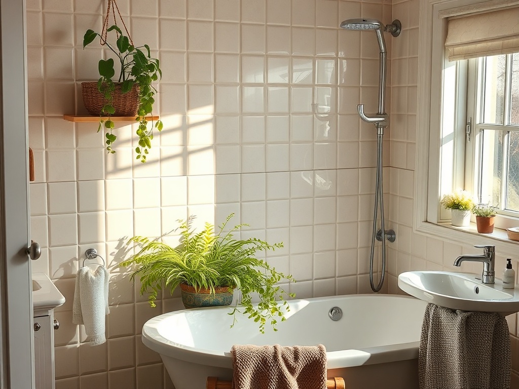 Светлая ванная комната с растениями, ванной и раковиной. Уютная атмосфера и красивая отделка.