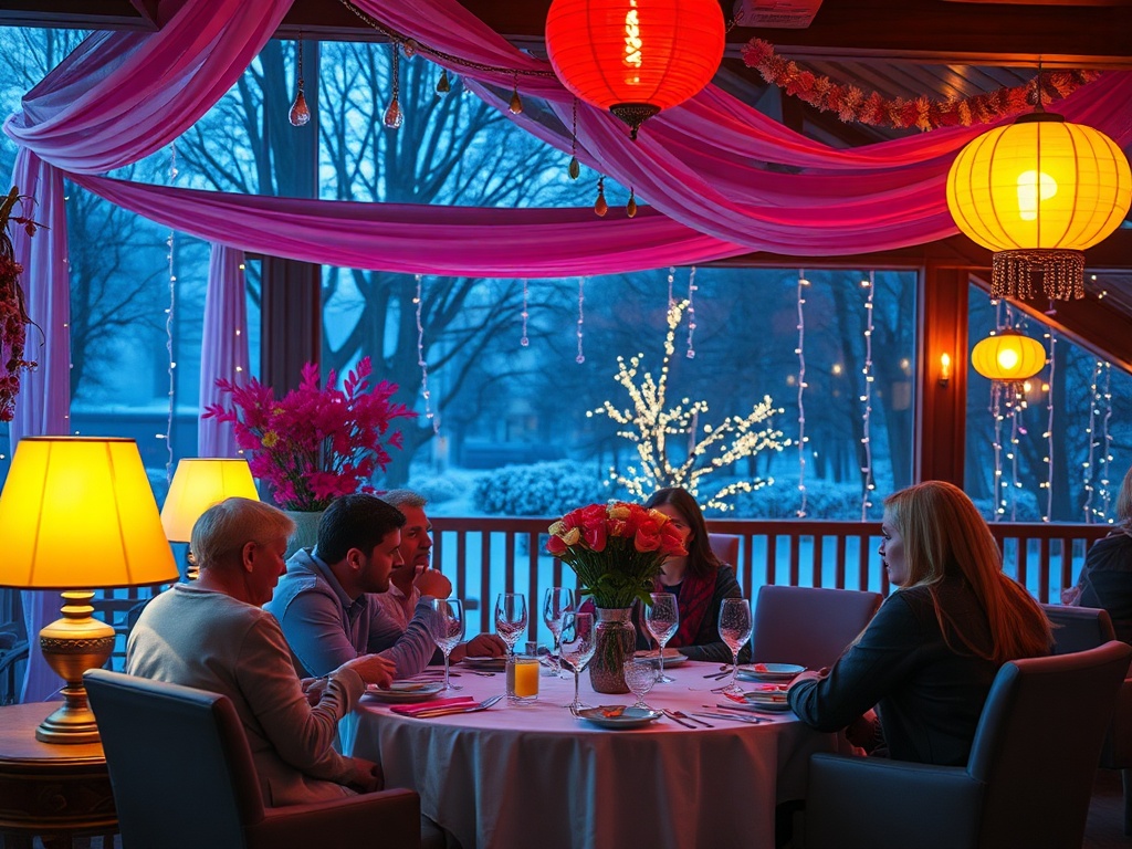 Вечерний ужин в уютном ресторане с красивым декором и освещением. Четыре человека за столом.