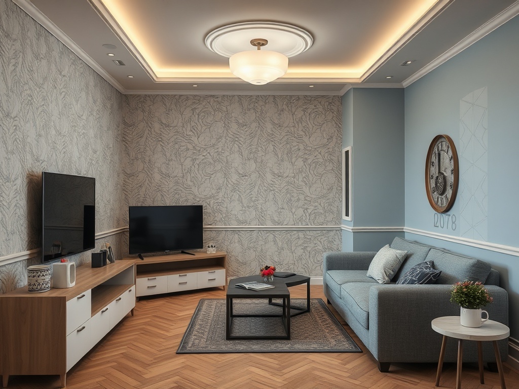 Современная гостиная с телевизором, серым диваном и уютной атмосферой. Стены украшены легким узором.