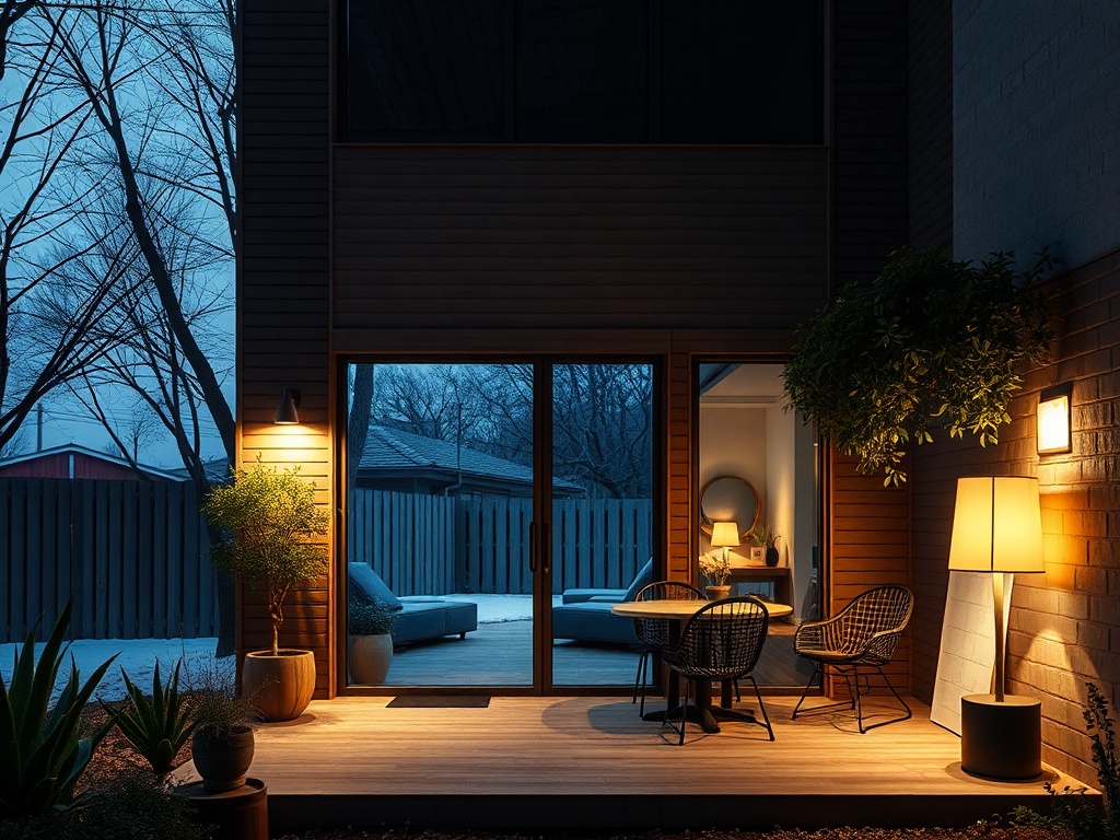 Терраса дома в вечернем освещении с растениями, столом и стульями, вокруг спокойная обстановка.