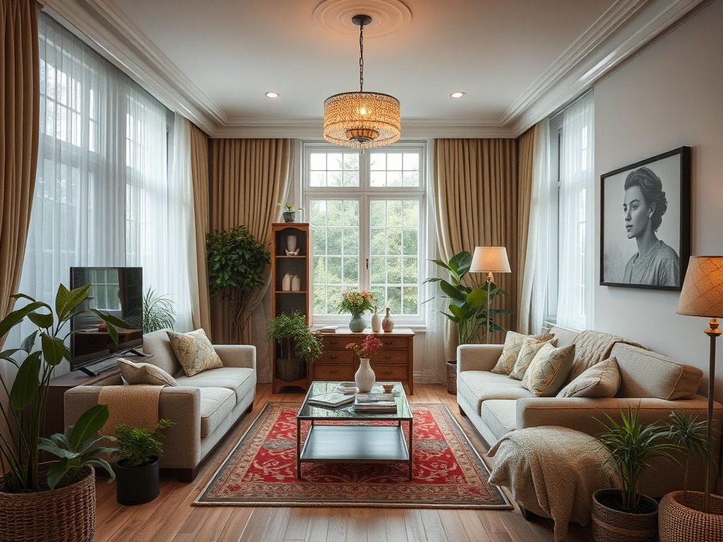 Современная гостиная с ярким светом, уютной мебелью и растениями у окна. Роскошная люстра и картина на стене.