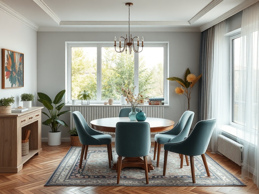 Уютная столовая с круглым столом, стульями и большими окнами, пропускающими солнечный свет.