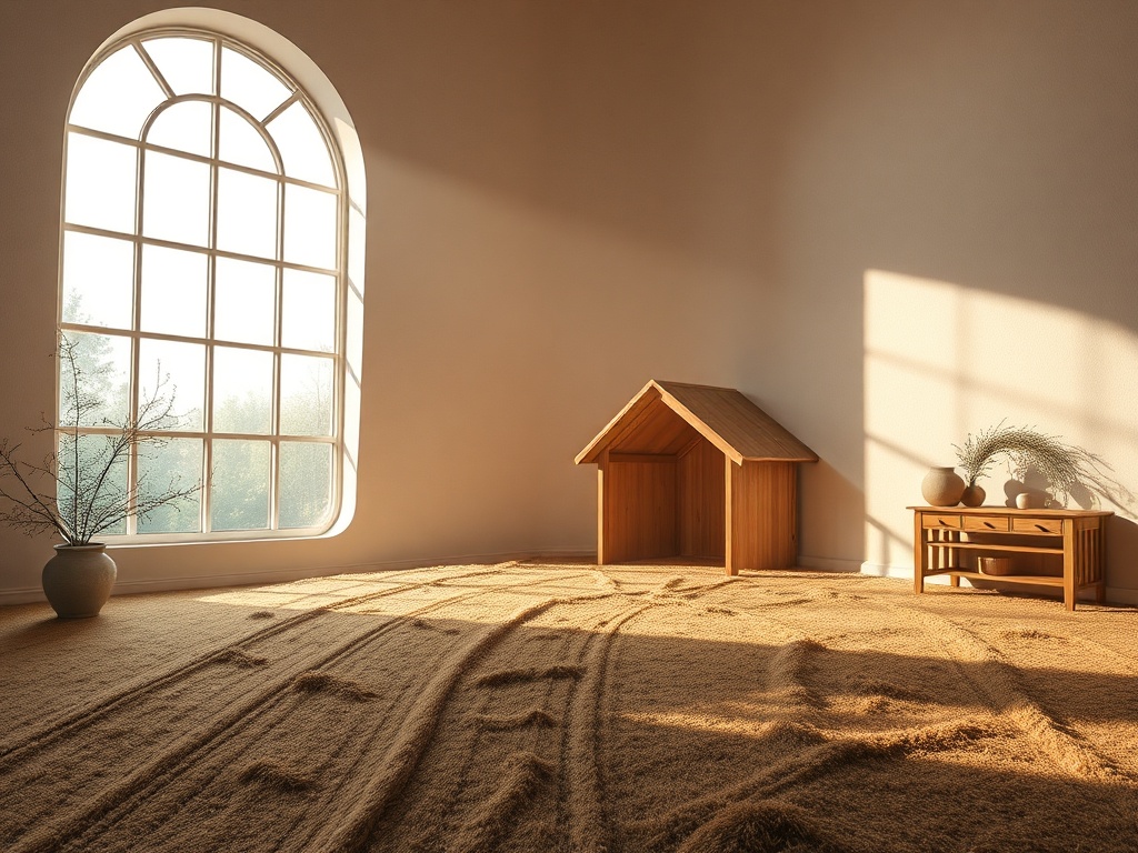 Просторная комната с арочной窗кой, деревянным домиком и естественным светом, падающим на песчаный пол.