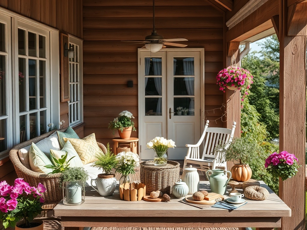 Уютный веранды с цветами, мебелью и столом, накрытым к чаю и печенью на солнечном дне.
