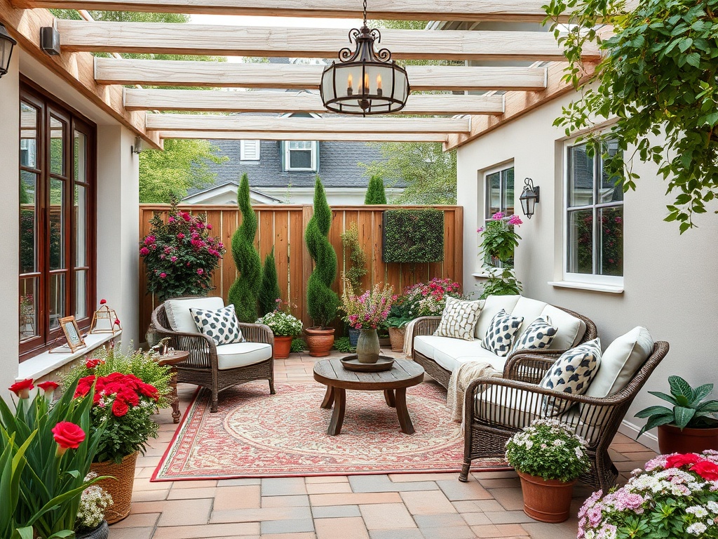 Уютный дворик с креслами, цветами и ковром, освещенный красивой люстрой под деревянной конструкцией.